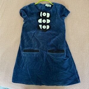 Mini Boden Girls Blue Velvet  Dress with Buttons and Scallop  Details